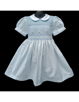 Robe smocks manches ballons en coton piqué bleu ciel