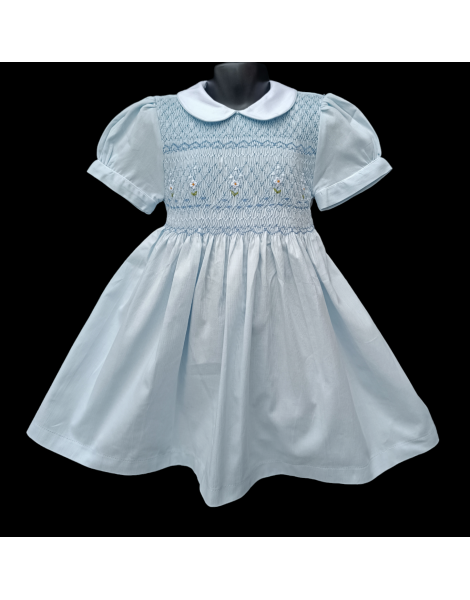 Robe smocks manches ballons en coton piqué bleu ciel