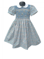 Robe smocks manches ballons en coton imprimé bleu multicolore