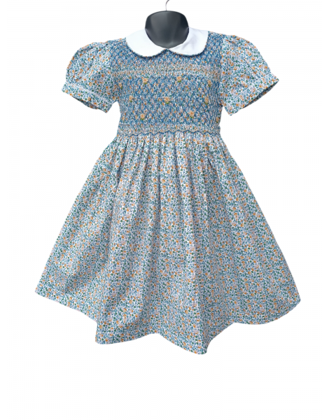 Robe smocks manches ballons en coton imprimé bleu multicolore